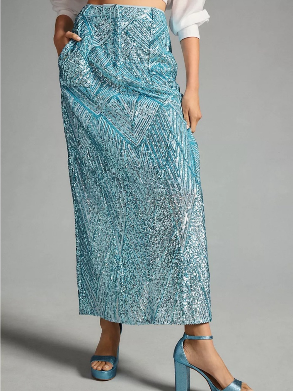 Letmebe Anthropologie Forever That Girl Blue Sequin Patterned Maxi Skirt Size XS